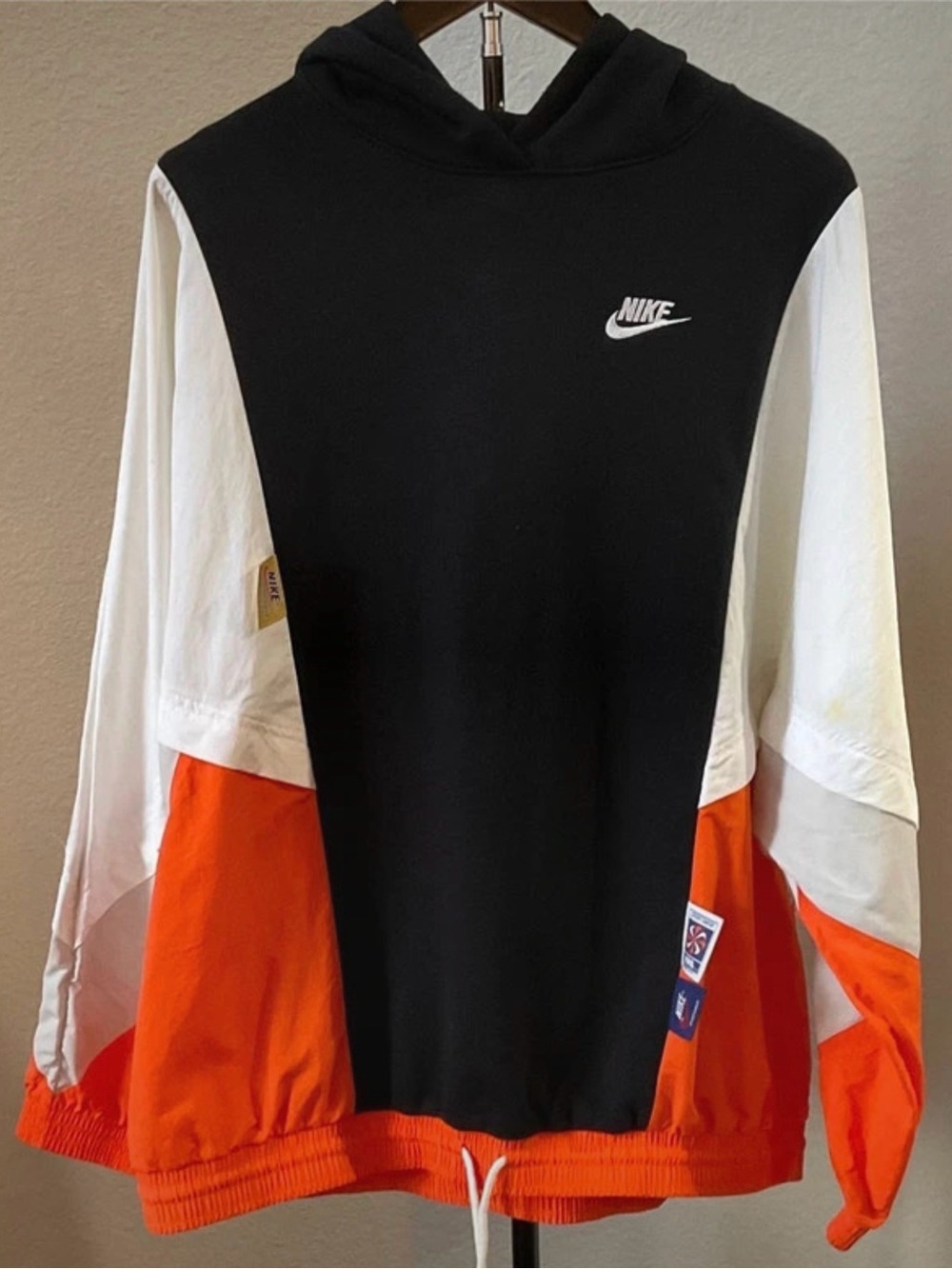 Nike Men’s Black White Orange Colorblock Crewneck Hoodie
